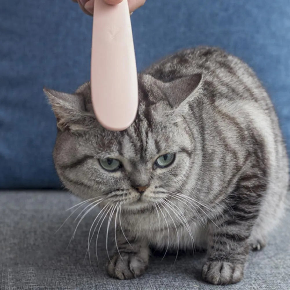 Gray and pink cat comb with tongue-massage design for pet hair removal