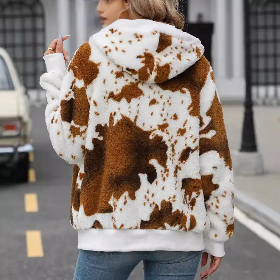Yellow brown cow print hooded cardigan jacket with zip fastening and regular sleeves