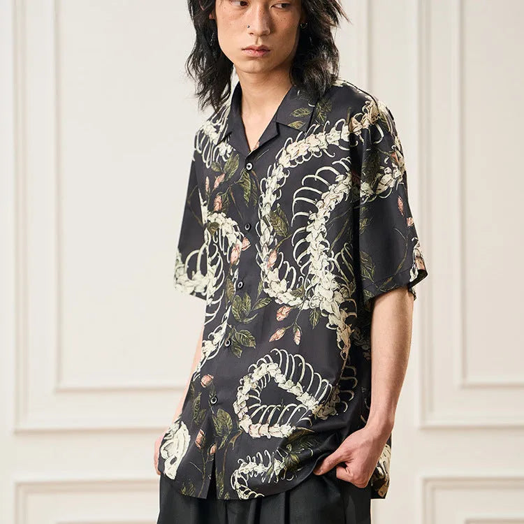 Men's short sleeve Cuban collar shirt with snake bone floral pattern printed design in colourful loose fit option