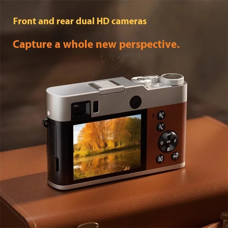 Black and brown 5K digital camera with dual lenses and optical viewfinder on display