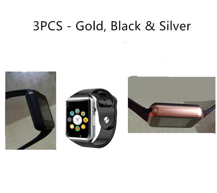 A1 Smart Watch for Android with 1.54-inch screen, Bluetooth, GSM SIM slot, and camera in multiple colours.