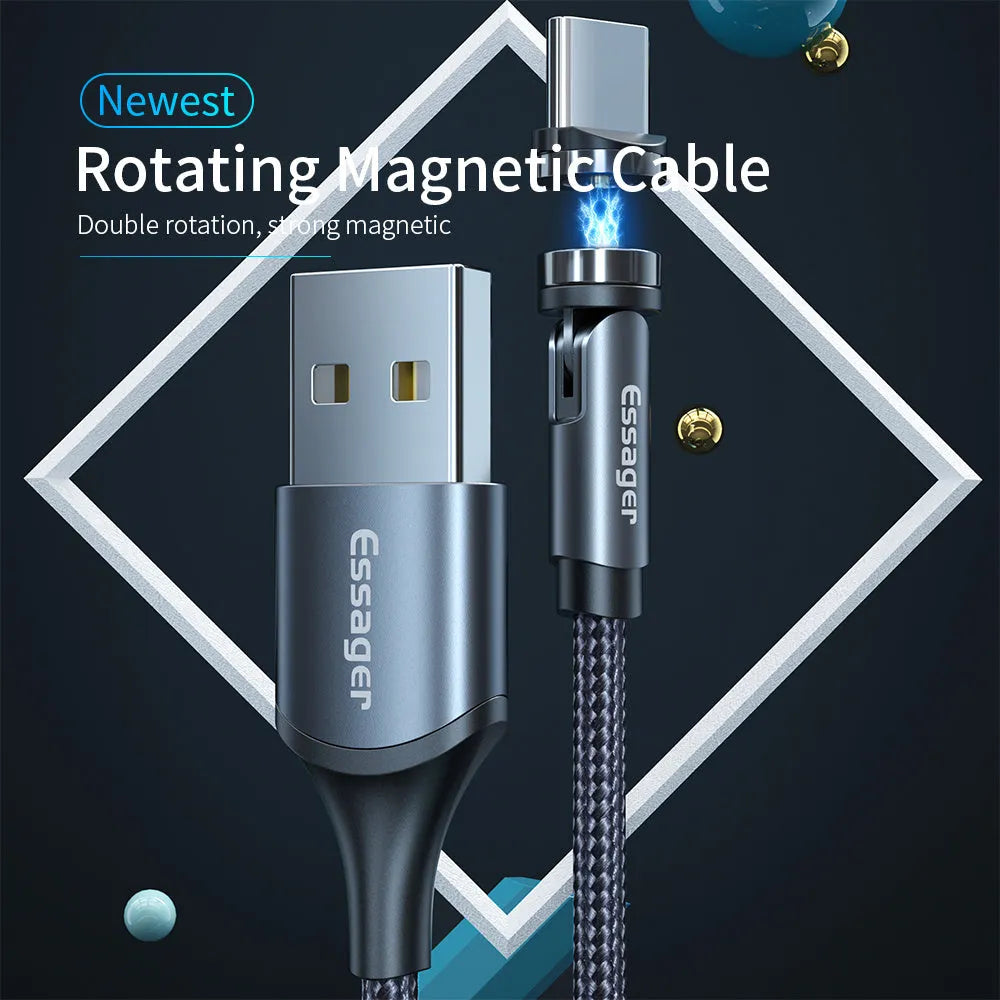 Essager 360-degree rotating magnetic USB charging cable with blue LED indicator and aluminium alloy shell