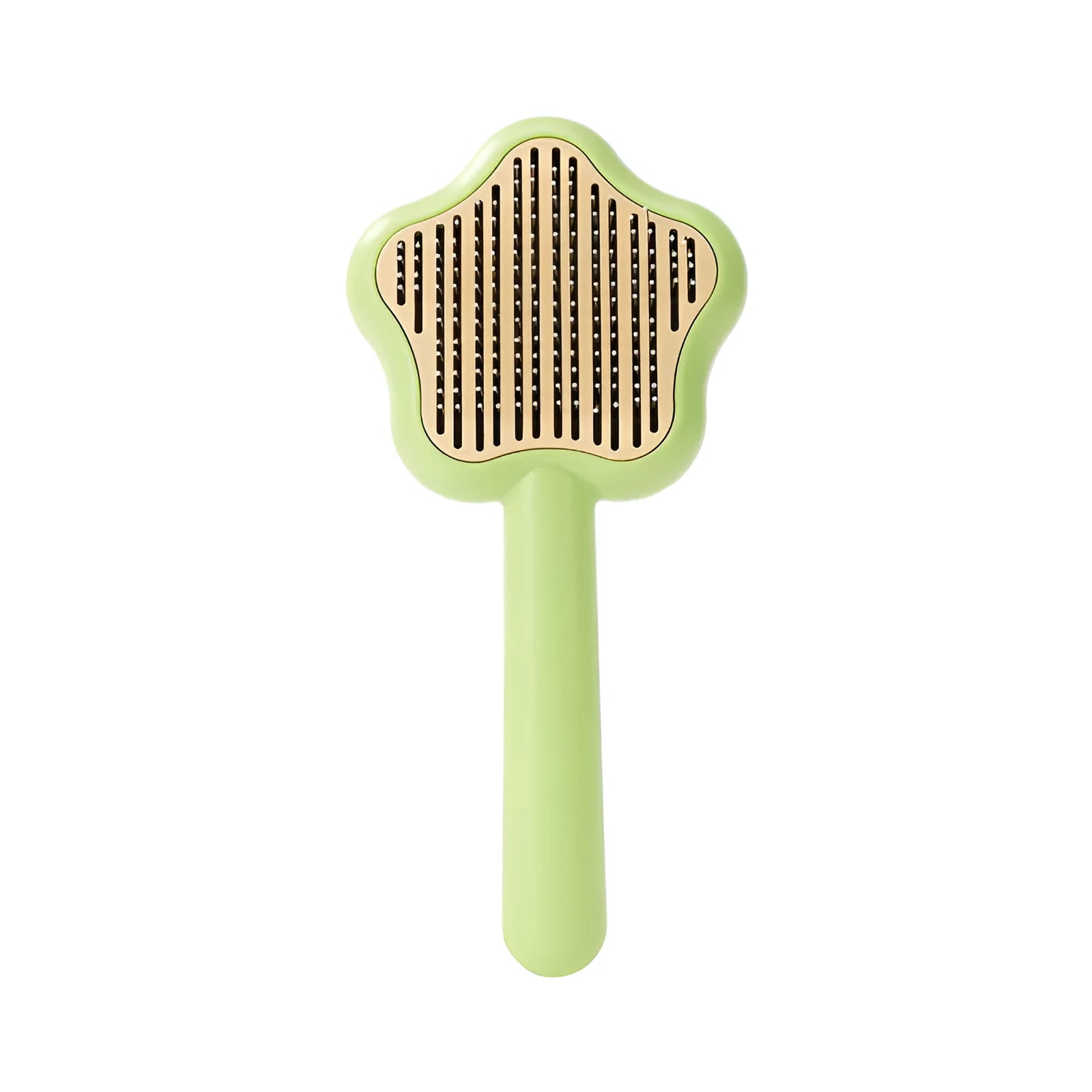 Green handled self-cleaning pet comb with stainless steel teeth on a white background.