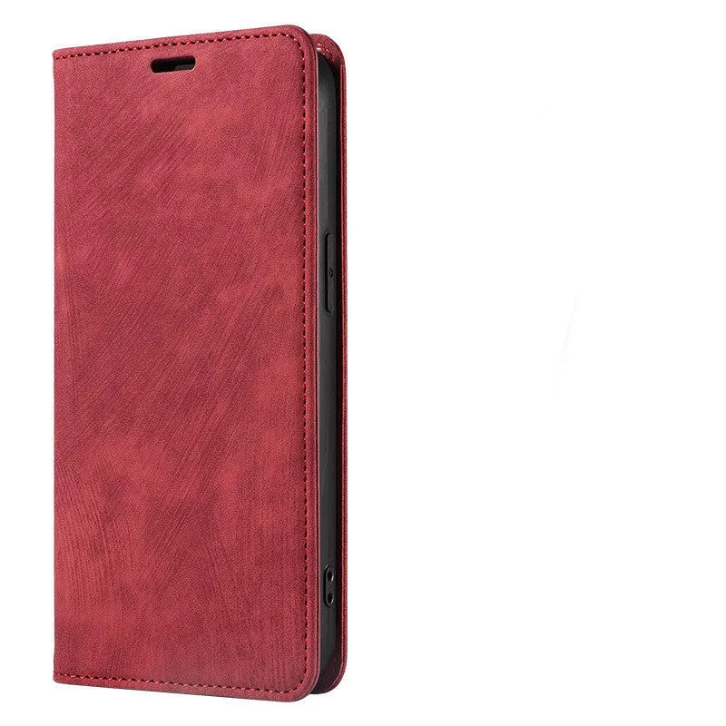 Magnetic flip phone case for iPhone in various colours showing TPU and leather construction