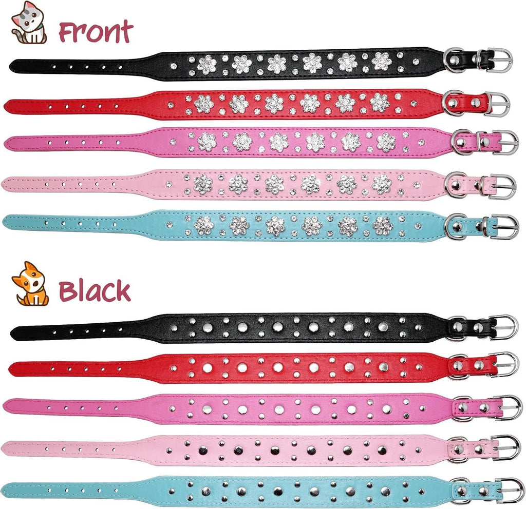Cute PU leather dog collar with rhinestone flower pattern studs and metal D-ring in black, blue, pink, or red.