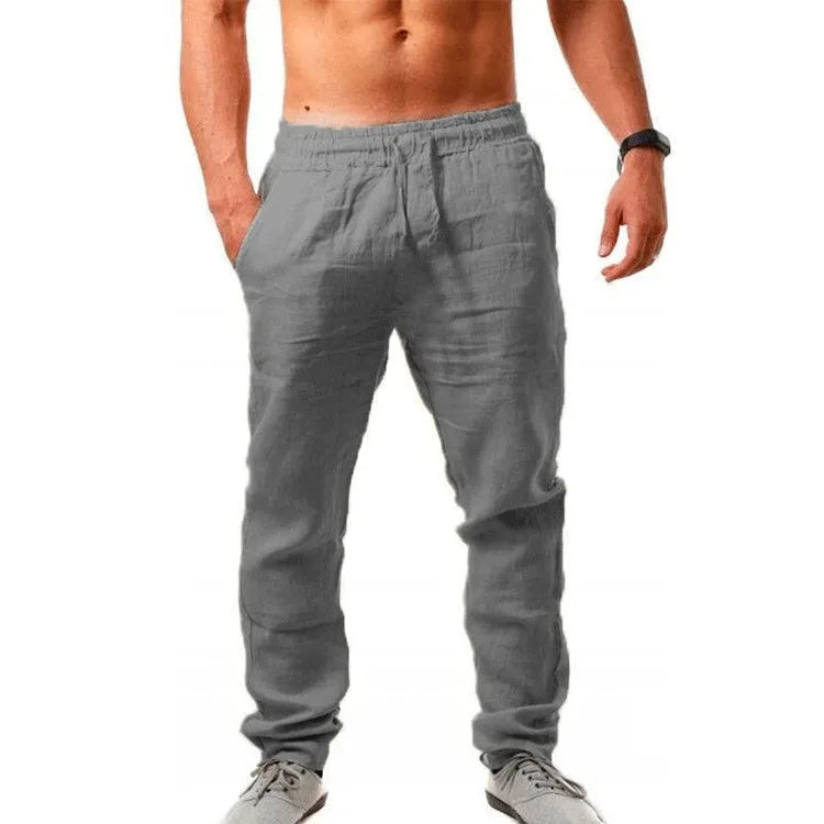 Summer men's loose-fit linen cotton blend trousers in beige, shown from front, available in sizes S to 4XL