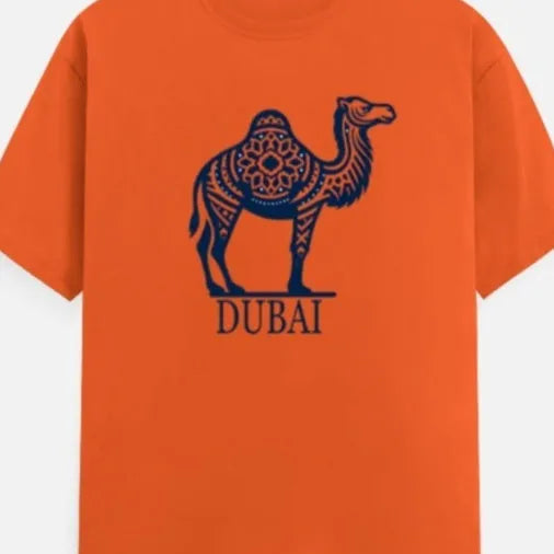 Orange cotton short sleeve t-shirt with a round neck, laid flat to show its straight cut and casual style.