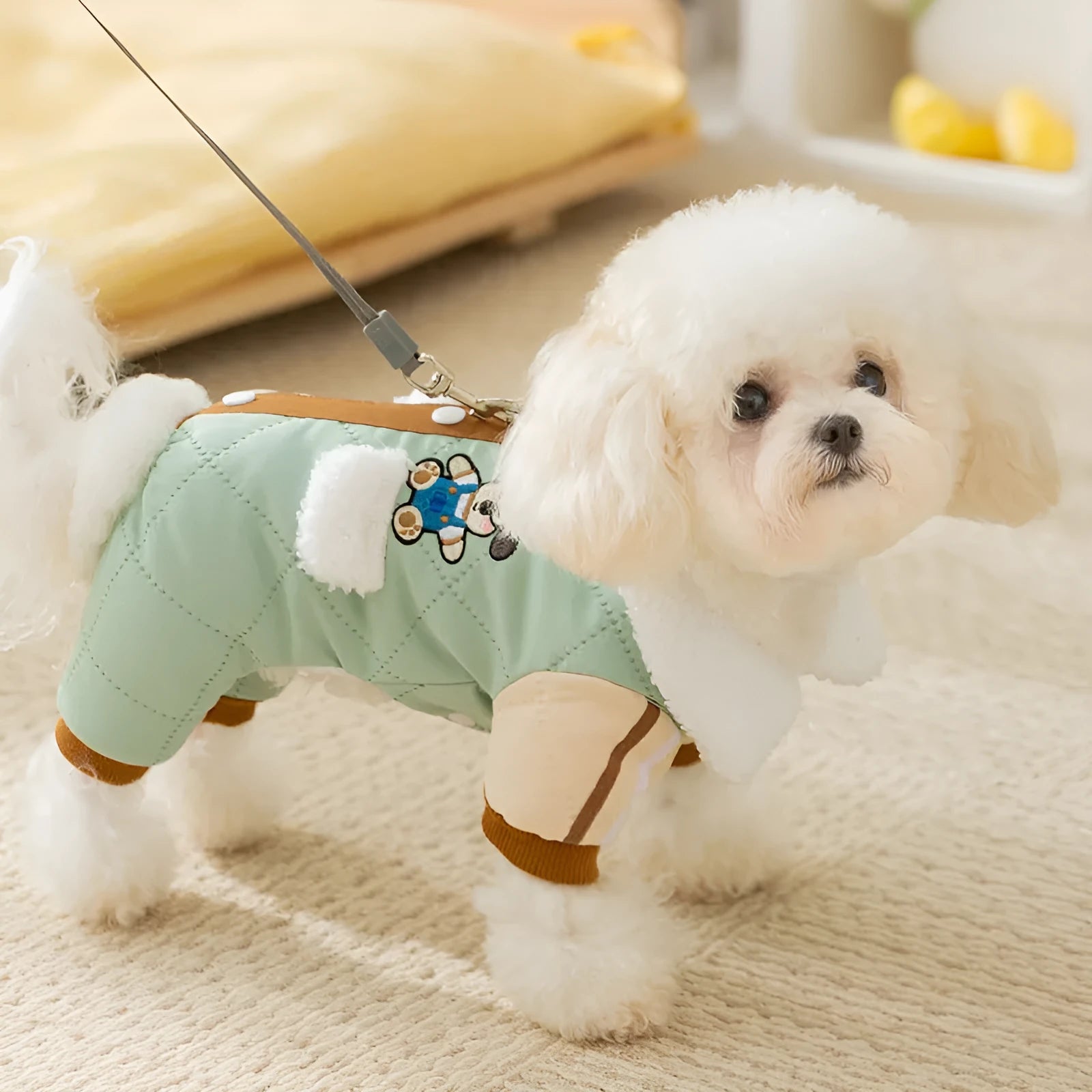 Warm thick quilted cotton dog coat with fleece-lined collar and pockets, cute dog embroidery, and leash ring in green