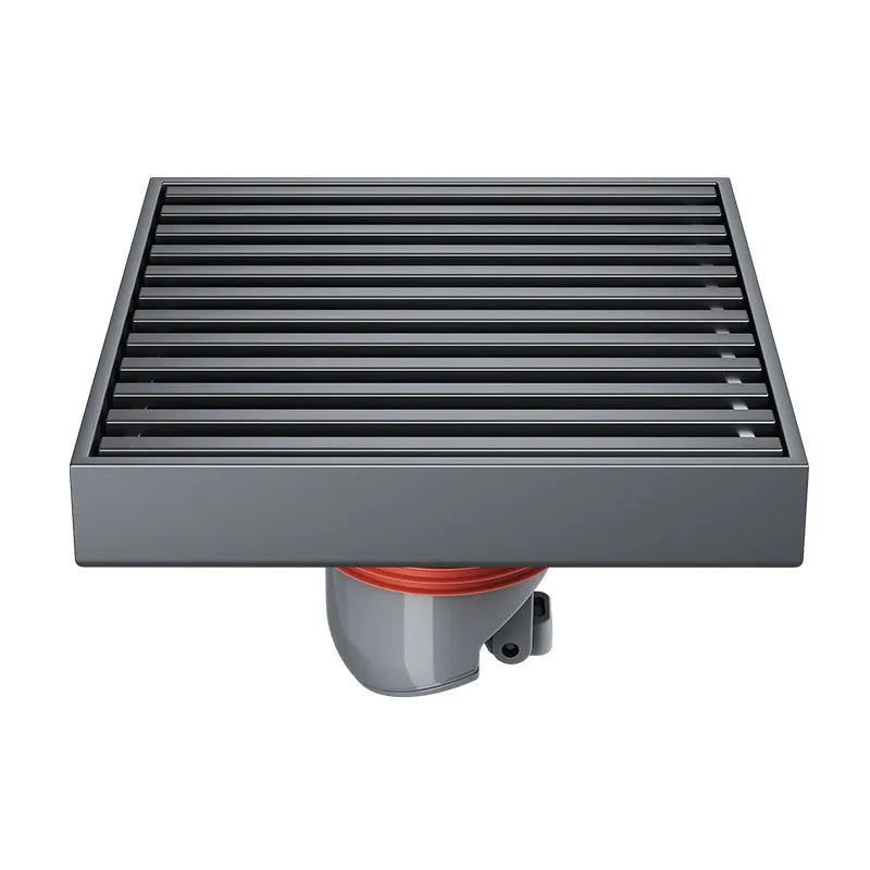 Gun grey 304 stainless steel courtyard deodorant floor drain with 15x15cm dimensions.