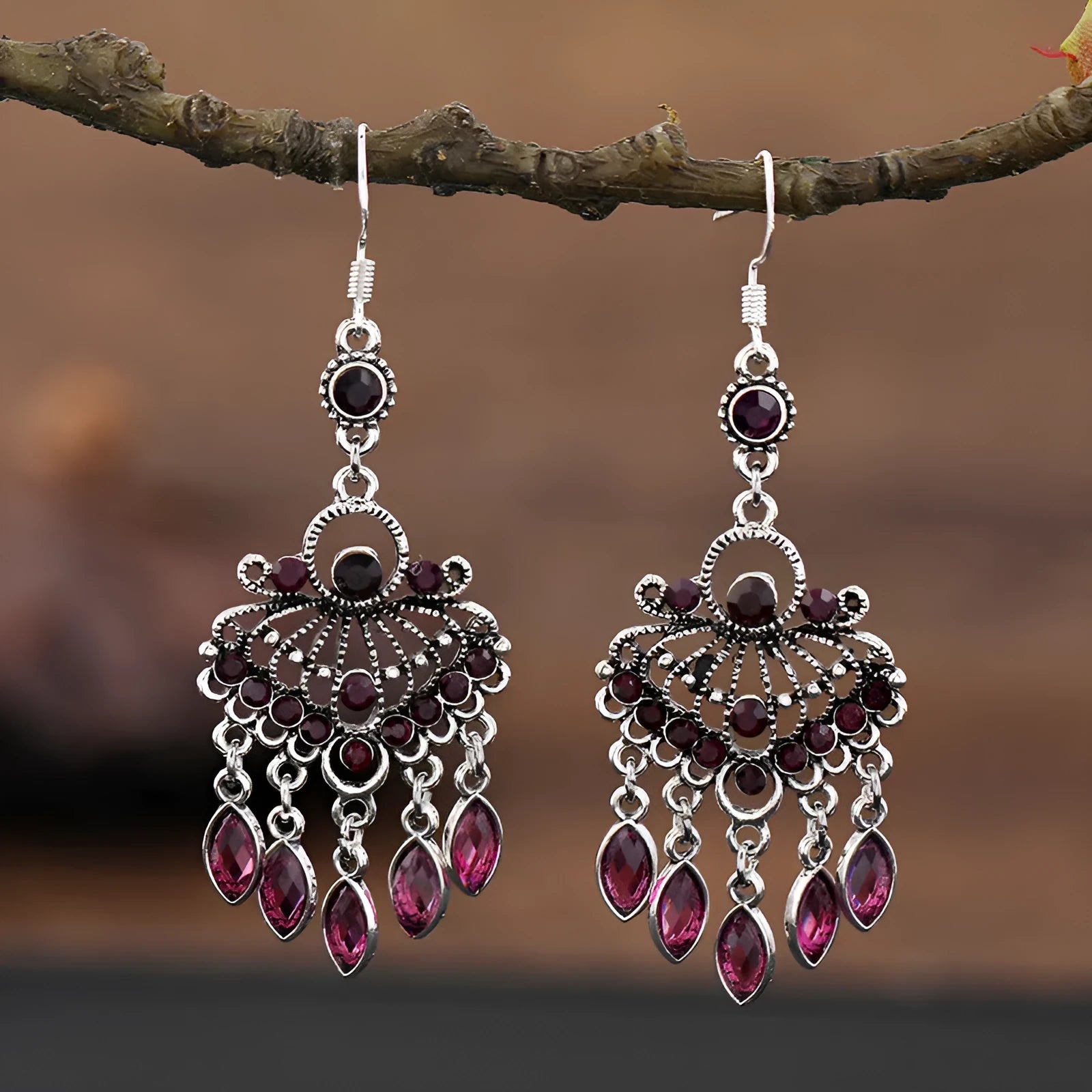 Smart water drop purple retro fringe earrings with ethnic detailing and drop shape