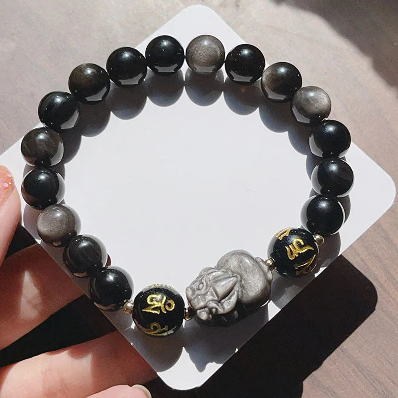 Men's silver stone bracelet with zodiac signs and Chinese proverb beads