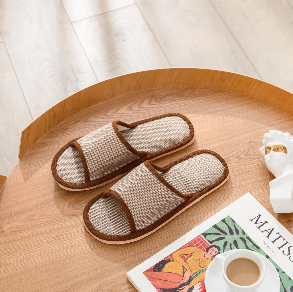 Women's cotton and linen open toe thickened slippers in dark coffee colour on a light background