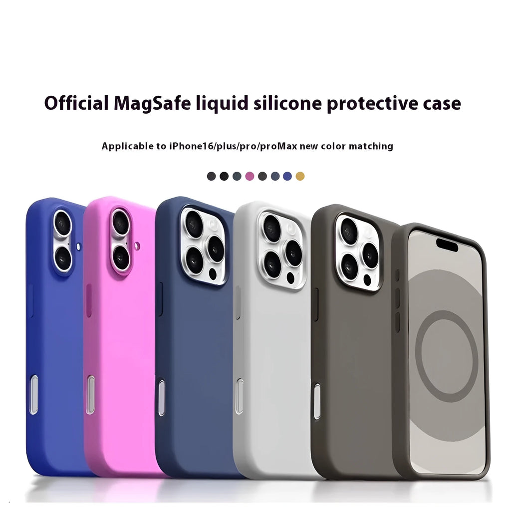 Magnetic liquid silicone phone case in blue for iPhone 16 Pro Max with all-inclusive design