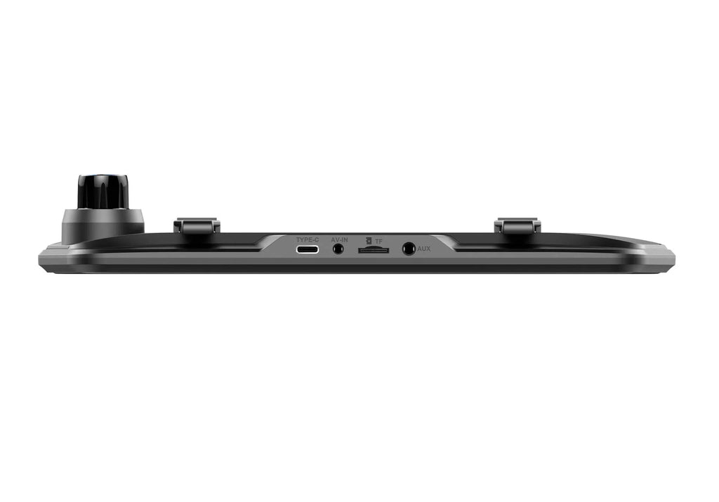 Black dual-lens driving recorder with a large touch screen mounted on a car windscreen.