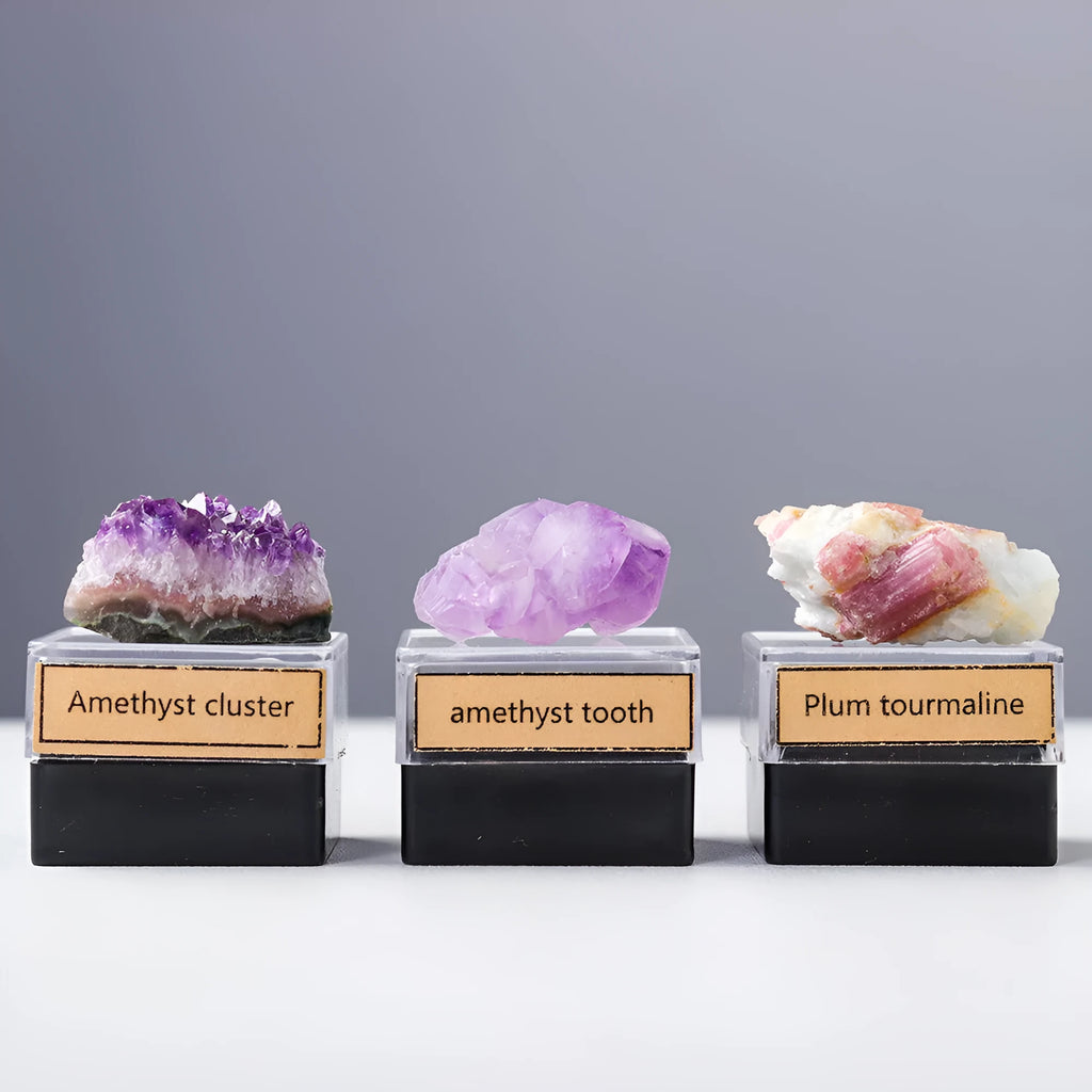 Natural amethyst crystal mineral specimen decoration, geometric shape, modern simple style, on a neutral background.
