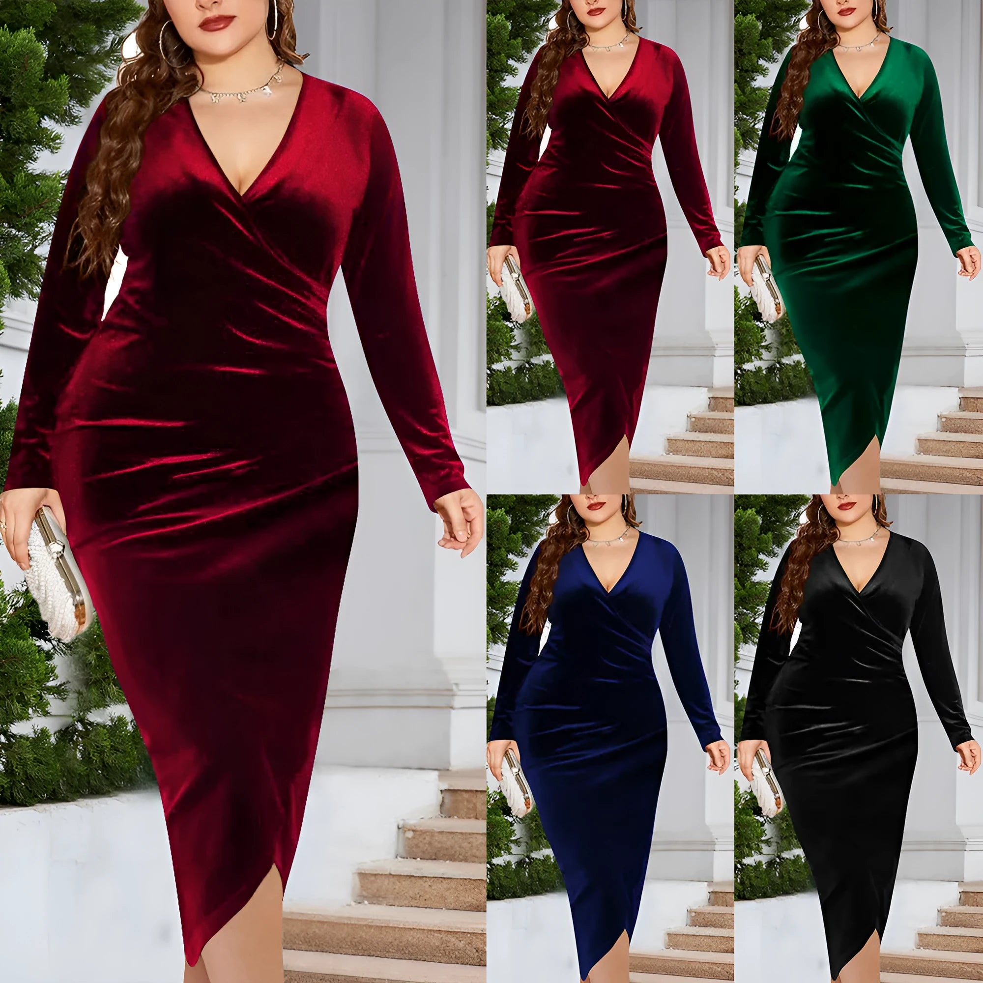 Women's V-neck long sleeve polyester dress in black, available in sizes XL to 5XL