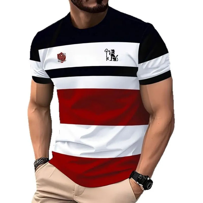 Men's loose grey T-shirt with colourful 3D printed vertical stripes, short sleeves, casual fit