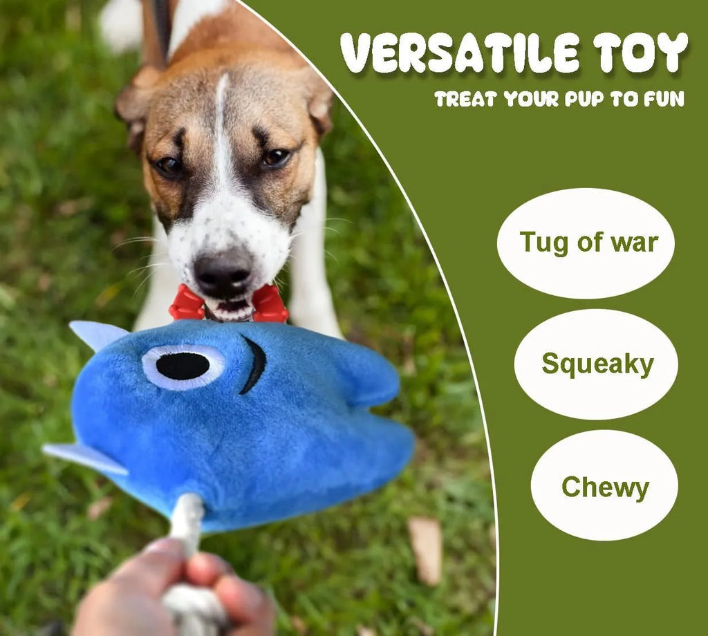 Blue and green plush dog toy with integrated cotton rope elements and squeaker
