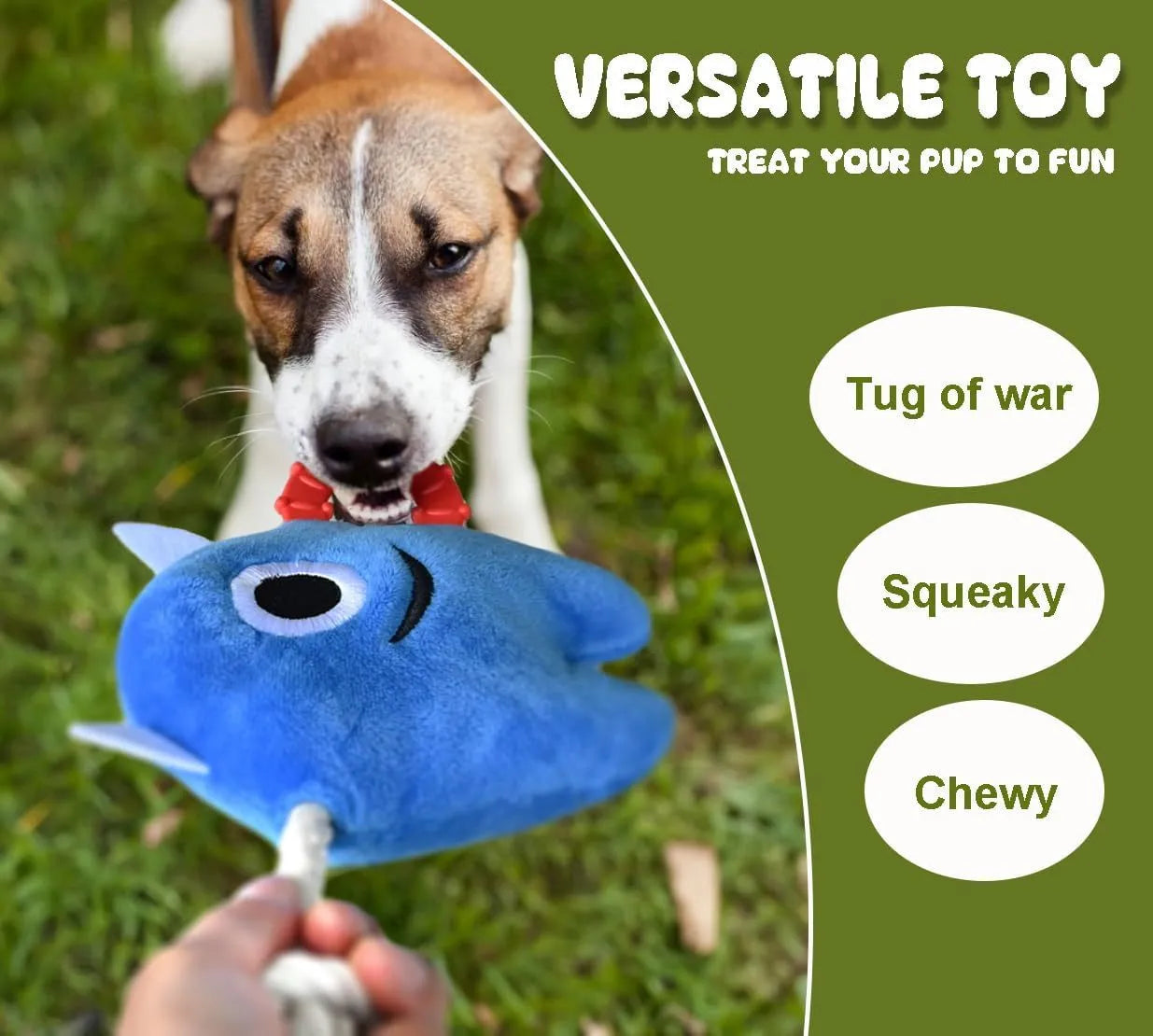 Blue and green plush dog toy with integrated cotton rope elements and squeaker