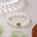 Natural white agate crystal bracelet with cinnabar inlay and lettering text on 8mm beads