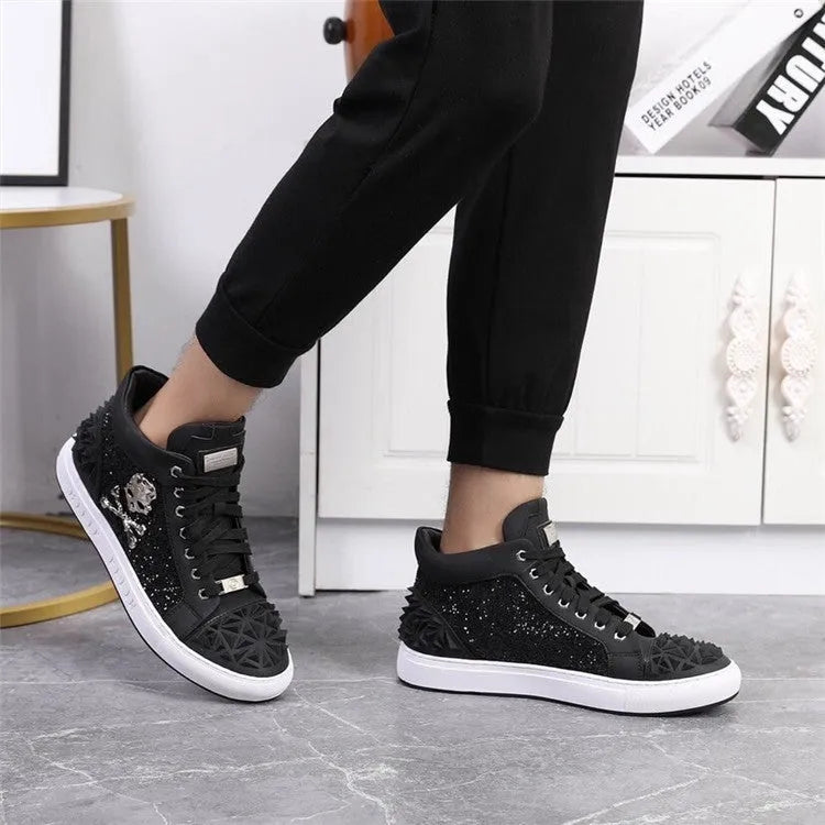 Men's black genuine leather high top skeleton shoes with lace-up front and round toe.
