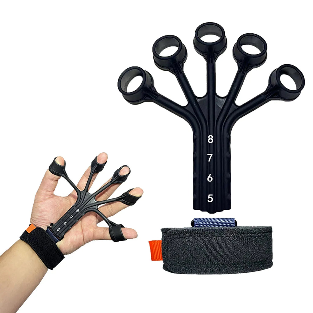 Silicone finger flexion and extension rehabilitation trainer with adjusting belt.