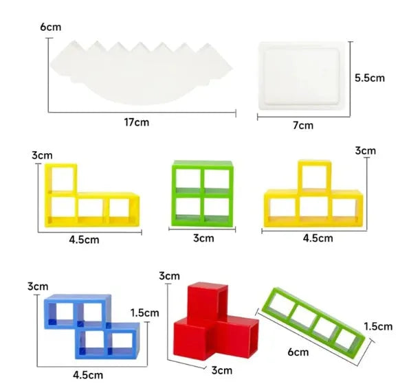 Plastic balance stacking game with colourful building blocks on 26.5cm square chassis