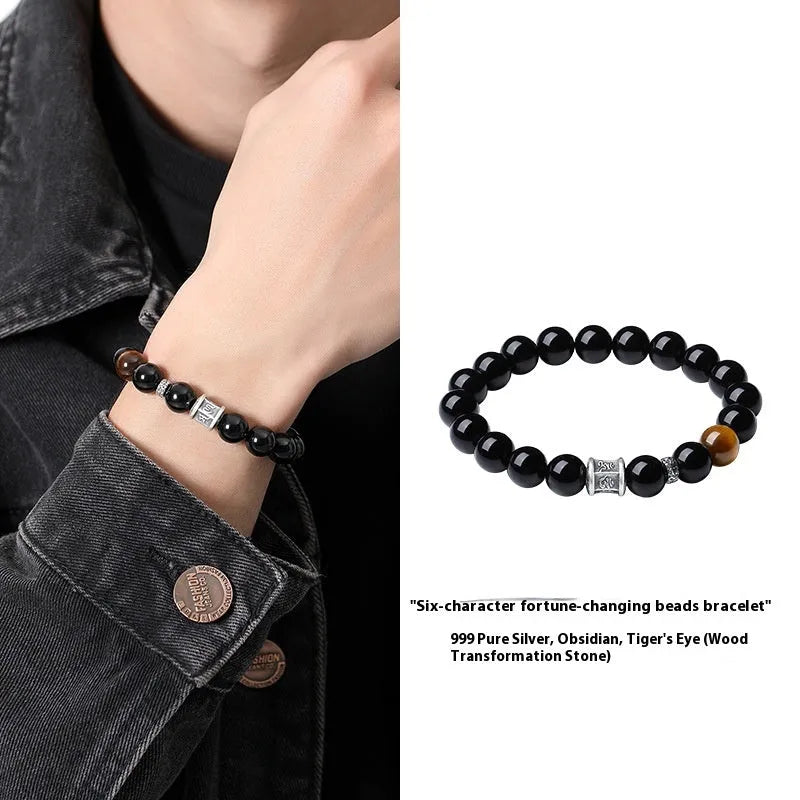 Hand-woven black obsidian six-word mantra bracelet with 10mm prayer wheel beads for men