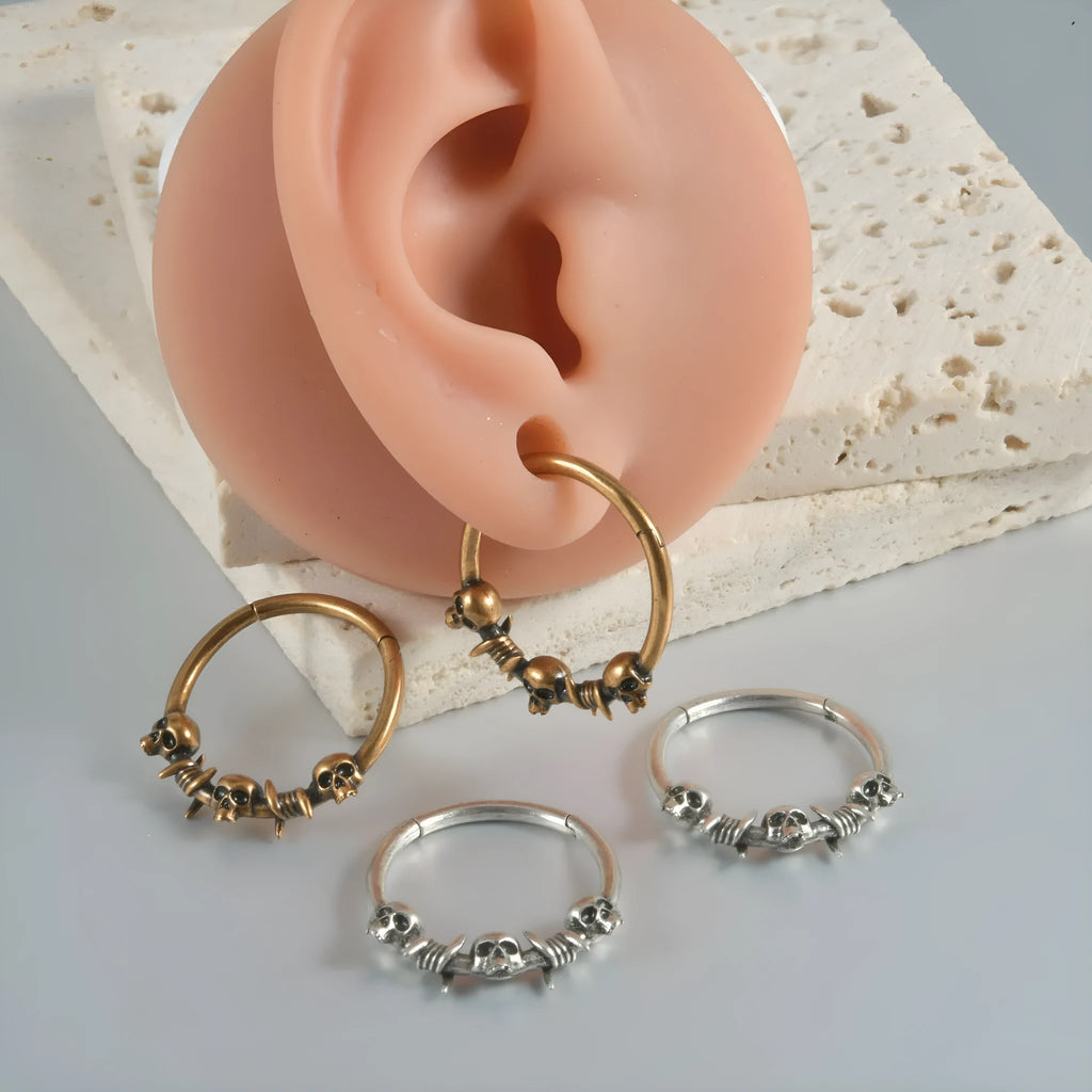 Copper punk earrings with ghost head design in antique silver finish