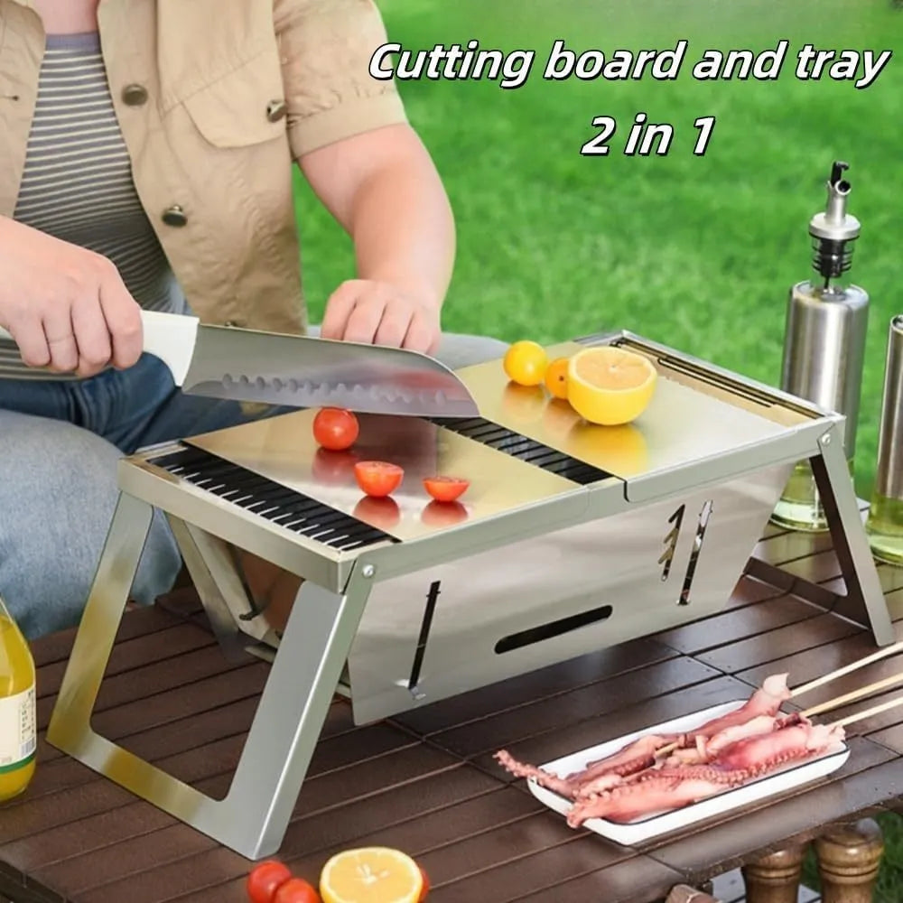 Small folding portable charcoal barbecue grill shown open for use and collapsed for storage