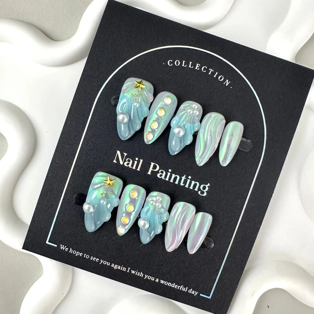 HAILANG blue plastic shell nail sticker set in sizes XS, S, M, L on a white background.