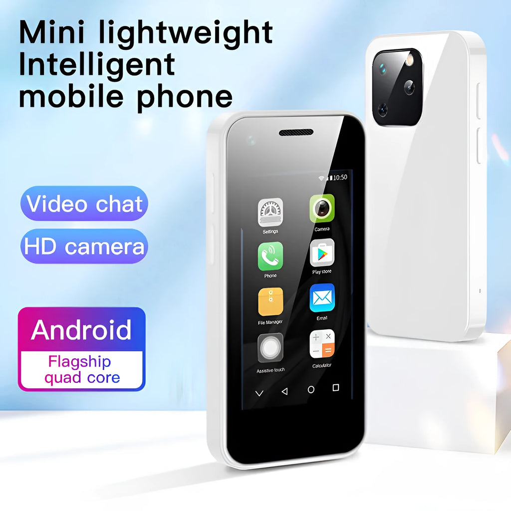 Ultra-small mini Android smartphone with 2.5-inch screen shown in Phantom Night Black, Matcha Green, Girl Pink, and Pearl White.