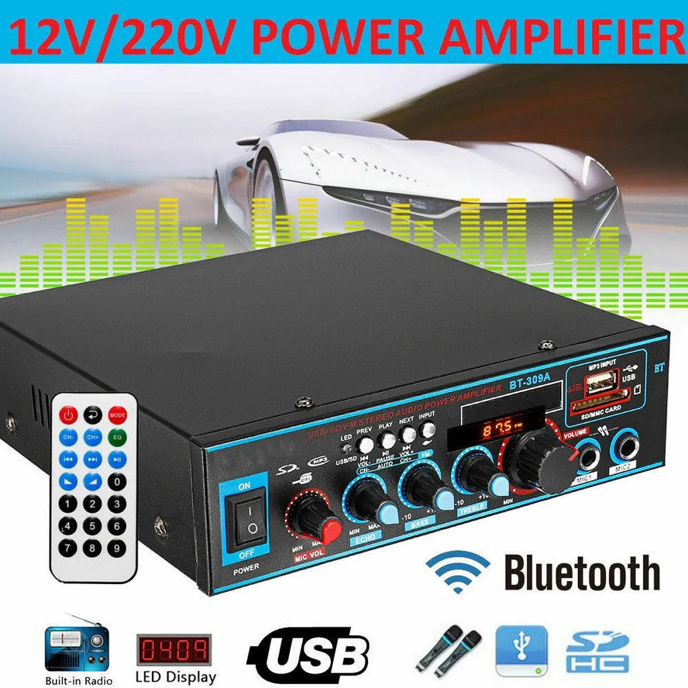 Black iron Bluetooth power amplifier with recording function and remote control for home and car audio