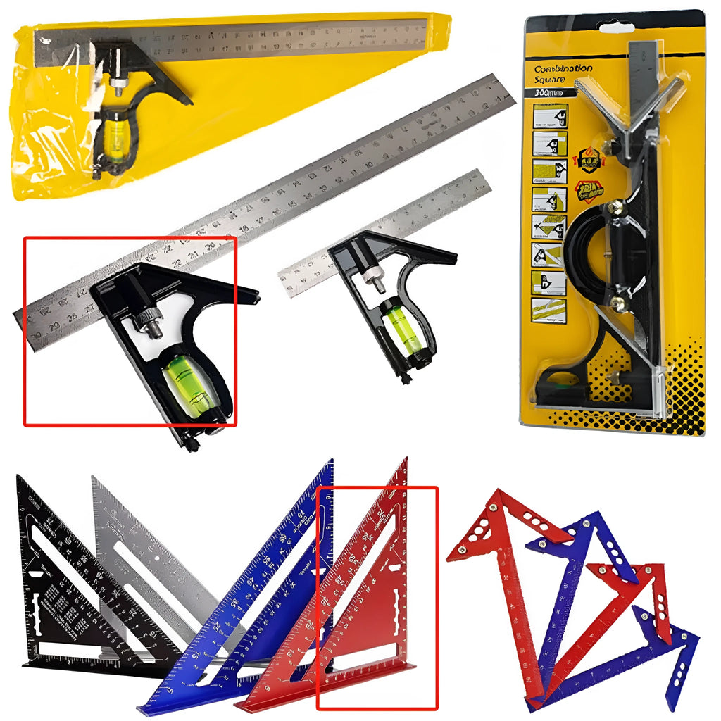 Two red metal combination angle rulers with metric scales, shown with a transparent storage bag.