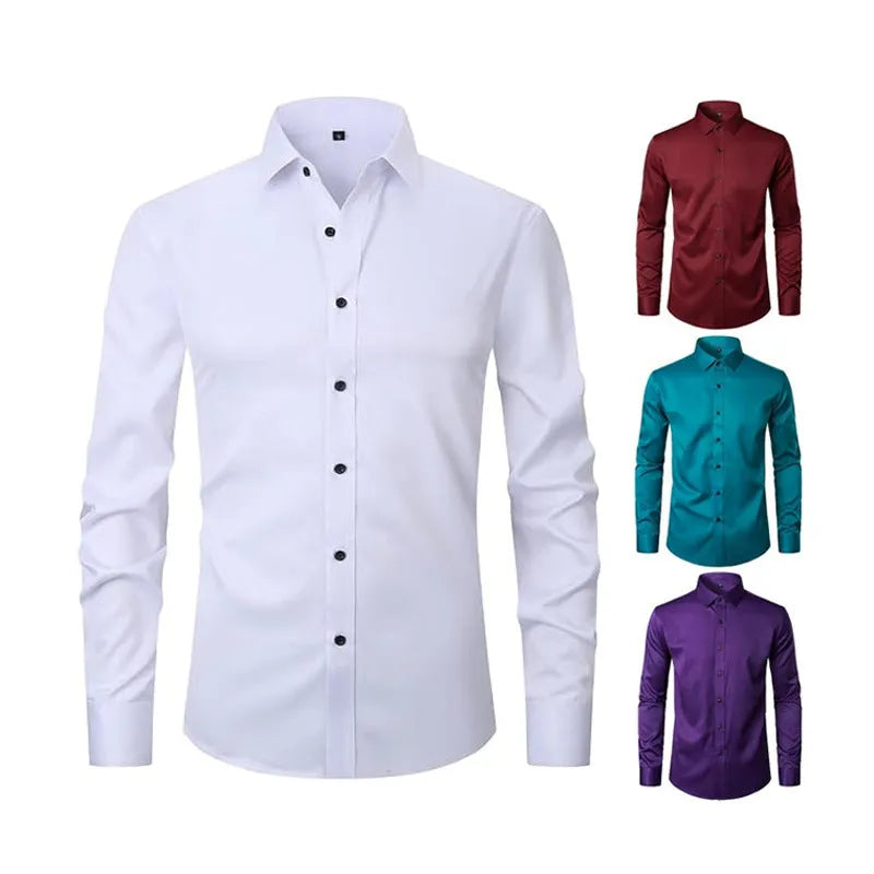 Men's stretch long sleeve work shirt in polyester on a hanger
