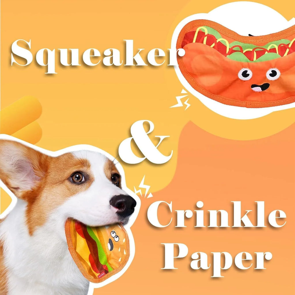 Hamburger-shaped crinkle dog toy with dual squeaker and crinkle sound, no stuffing