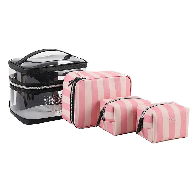 Pink floral pattern makeup bag with waterproof synthetic leather exterior and folding buggy design