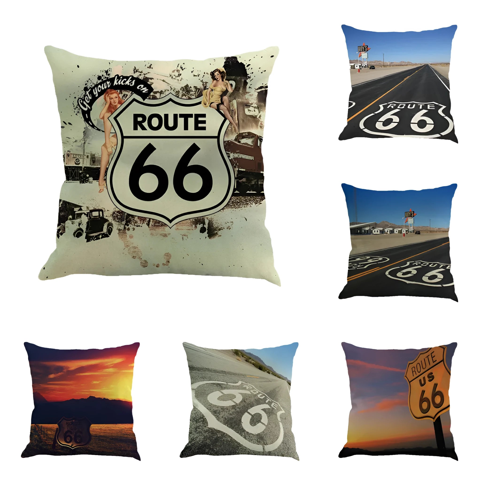 Linen blend cushion cover with Route 66 landscape print in 45 cm square size
