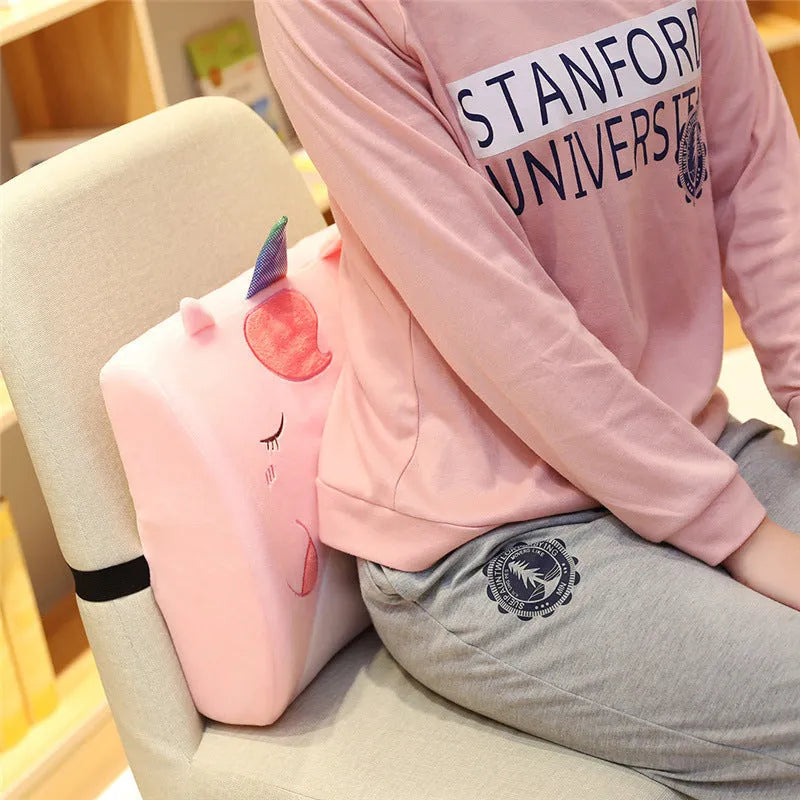 Cartoon-themed seat back cushion with removable memory foam core, shown in pink unicorn design.