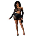 Women's black two-piece dress set with sleeveless hollow-out net top and matching short skirt.