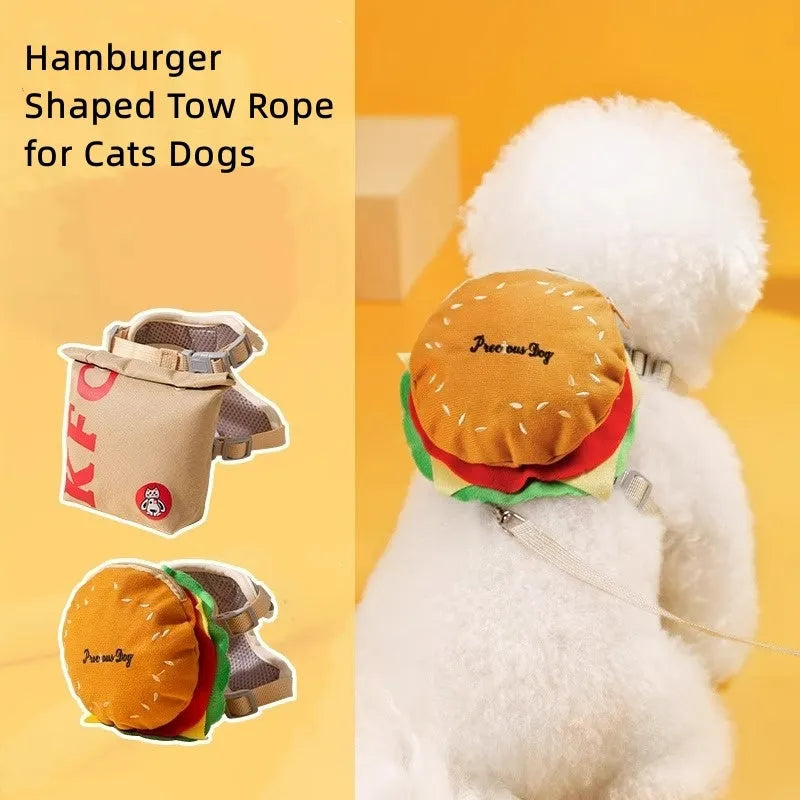 Cartoon hamburger print adjustable vest leash and backpack for a dog.