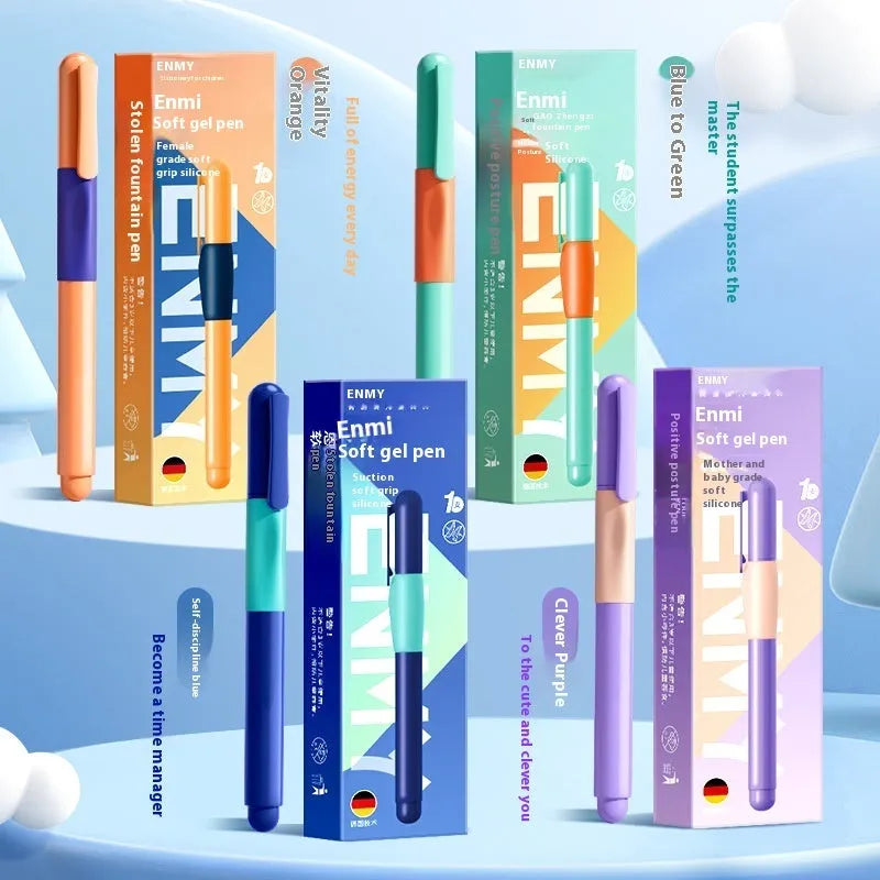 Blue plastic student posture correction pen with ergonomic grip on a white background.