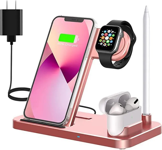Folding 4-in-1 wireless charger in black showing vertical charging position for Apple iPhone