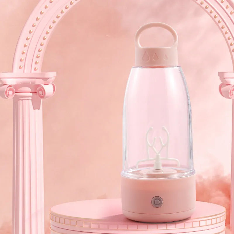 Automatic electric shaker bottle with USB charging, 350ml capacity, plastic body, and IPX5 waterproof rating