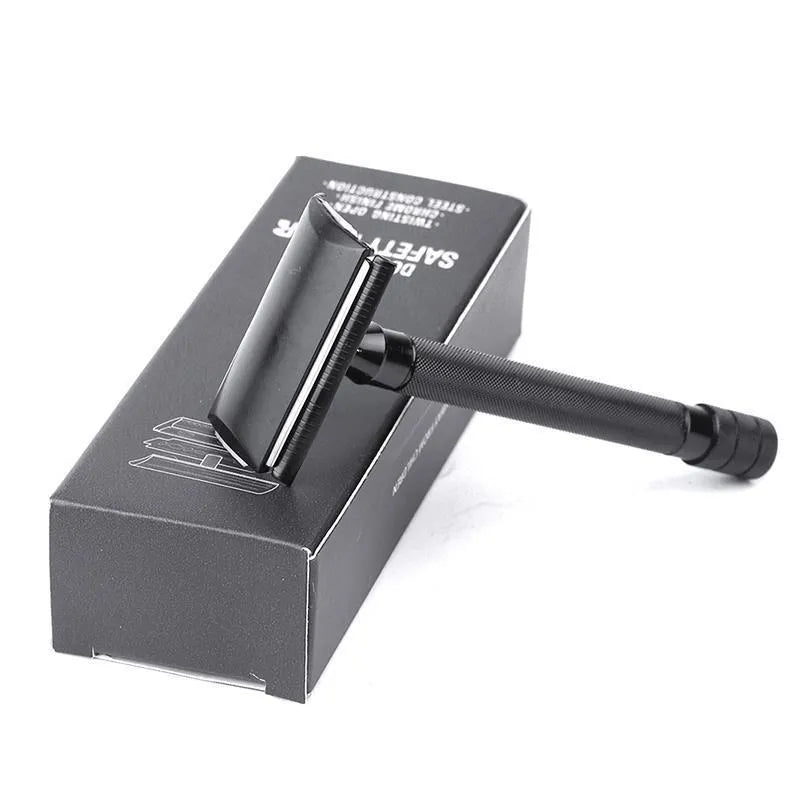Traditional manual pogonotomy metal shaver scraper and brush set in black or silver finish