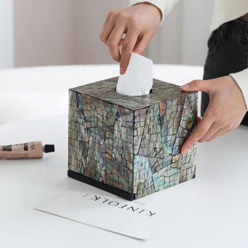 Natural shell tissue box storage container in modern design with removable organisation insert