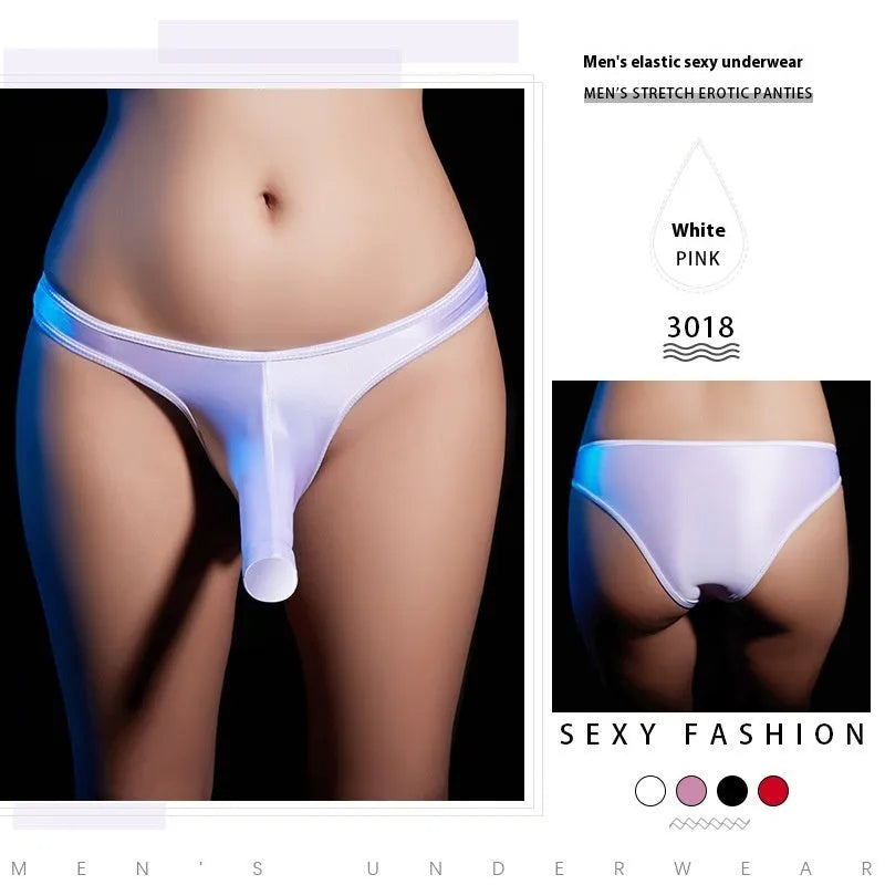 Men's low waist T-back underwear in shiny nylon fabric on a colour swatch showing white, grey, black, red, and pink.