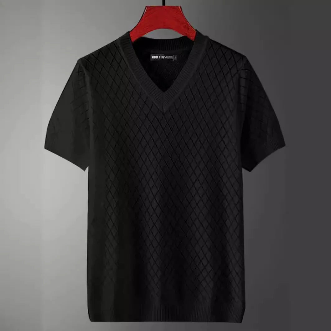 Men's ice silk summer T-shirt in black and white, available in V-neck and round neck styles.