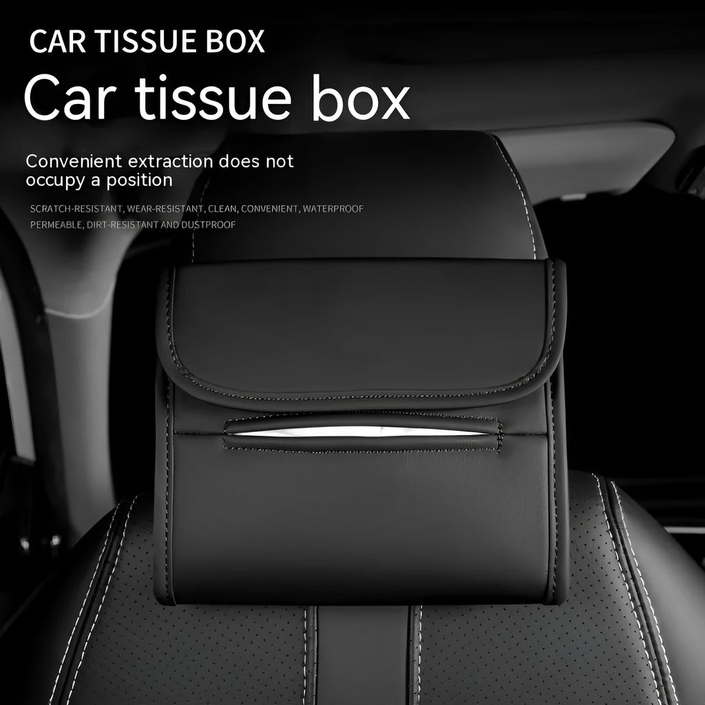 Leather car tissue box with elastic band for mounting on sun visor or chair back