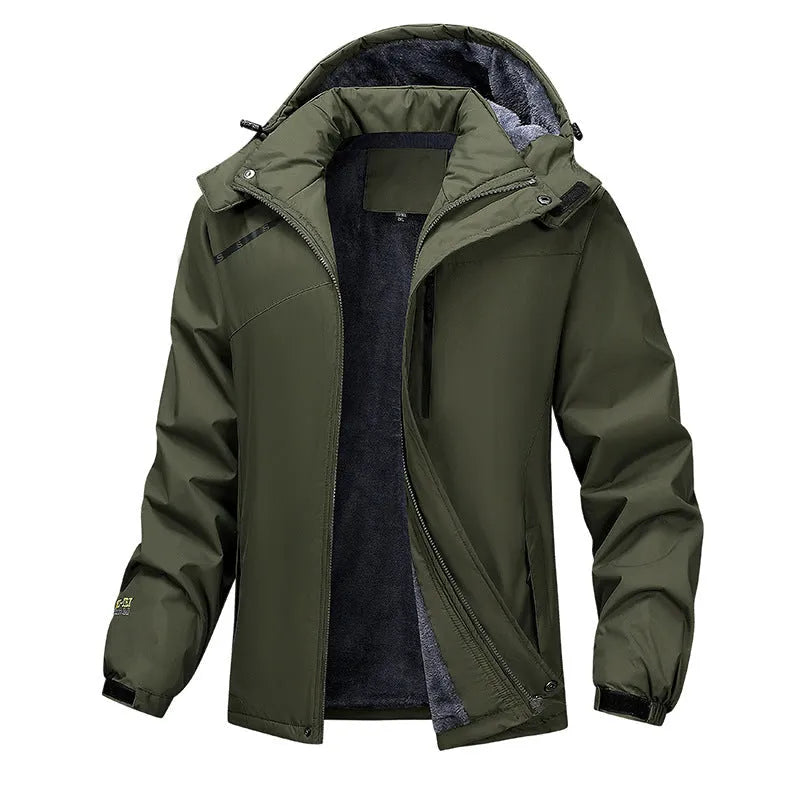 Plus size men's black waterproof hooded winter coat on a hanger.